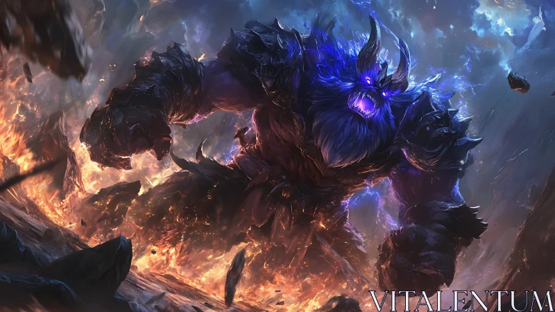 Thunderous blue demon strides through fire with fierce power