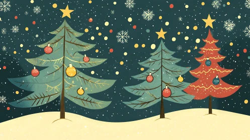 Snow-kissed Christmas trees sparkle under midnight starlight.