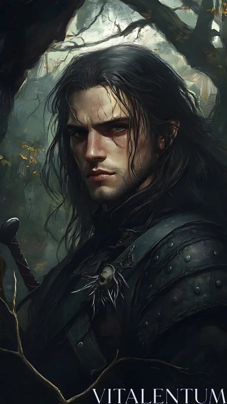 Brooding dark-haired swordsman in storm-lit forest armor.