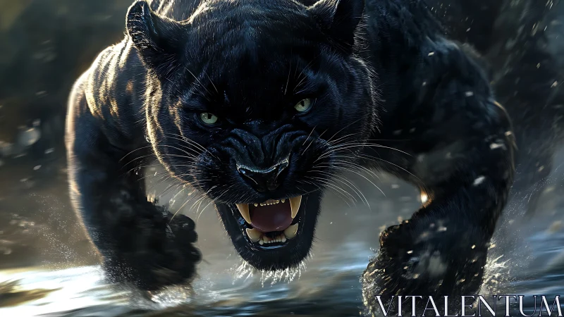 Aggressive black panther rendering with high-intensity luminous fur detail and snarling expression