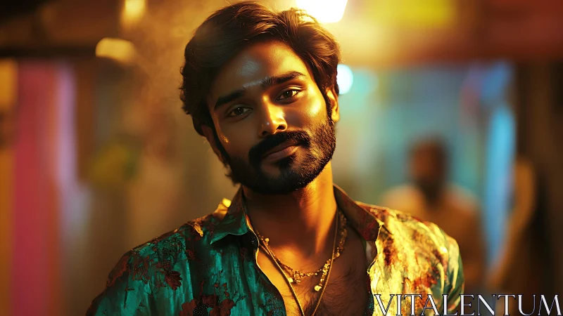 Neon alley glow frames a confident man in molten colors.