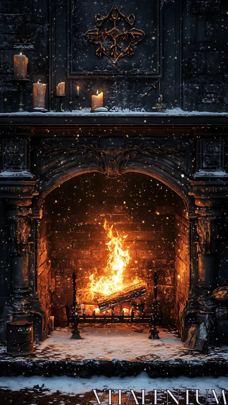 Ornamental fireplace with active fire and snow accumulation.