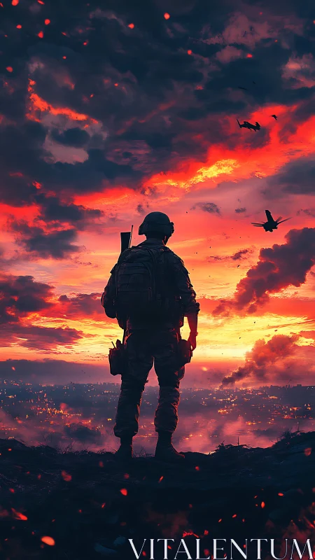 Lone soldier crowns a burning skyline beneath war-torn dusk.