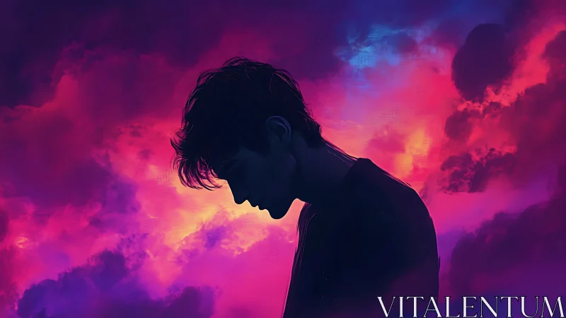 Silhouette of a person against high contrast neon clouds