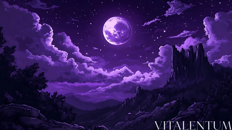 Moonlight carves violet mountains into a quiet cosmic hymn