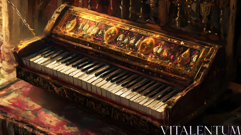 Ornate antique keyboard rendered with gilded, jewel-like controls