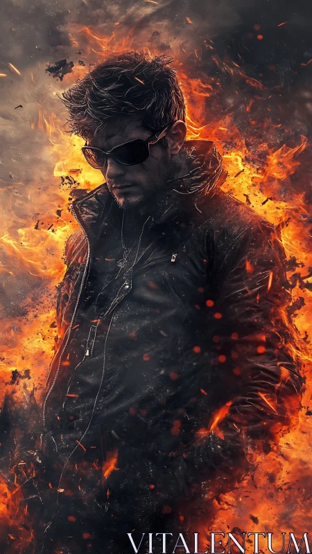 Lone figure in flames embodies power and smoldering defiance