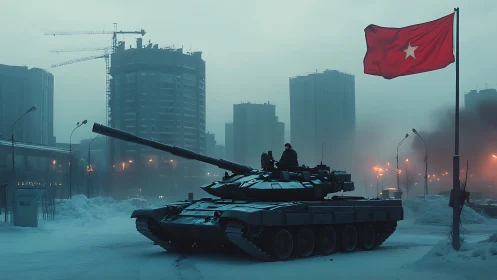Main battle tank in foggy winter cityscape under red star flag