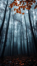 Misty Forest with Autumn Foliage and Tall Conifers