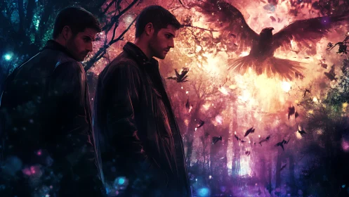 Twin figures confront burning crow storm in neon forest