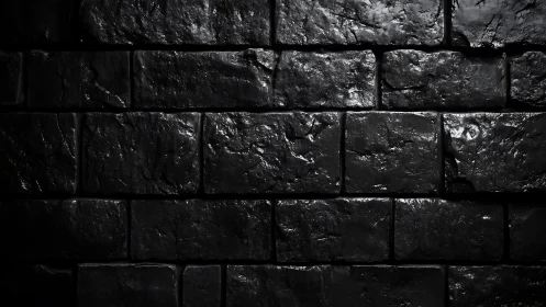 Dark textured stone brick wall surface in lateral light.