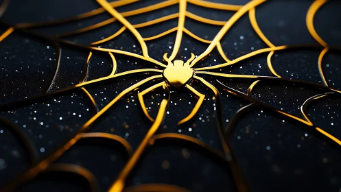 Golden metallic spider emblem with radial web geometry.