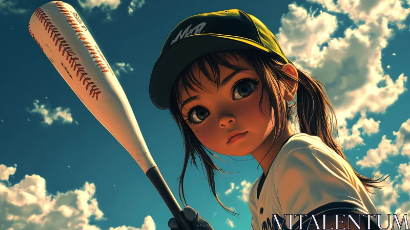Intense anime batter poised under vivid summer clouds.