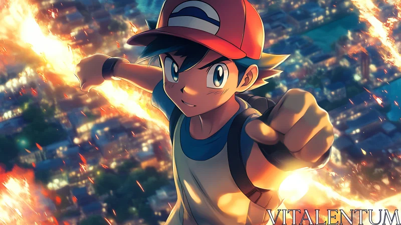 Dynamic anime boy soaring above city with fiery motion trail