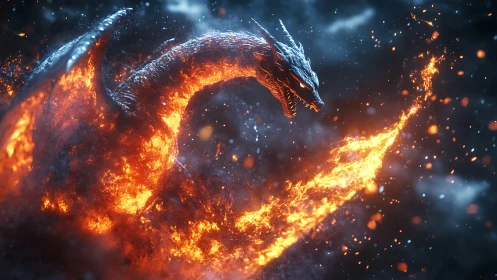 Volcanic plasma dragon exhaling high-energy flame jet field.