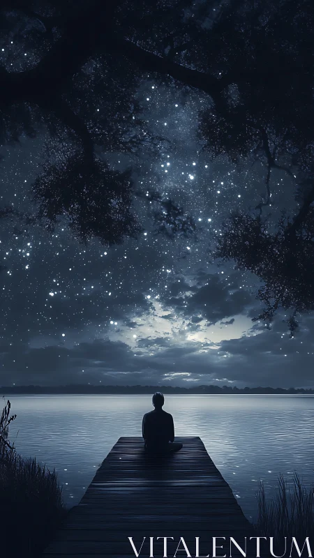 Solitary figure on lakeside dock under starlit midnight sky.