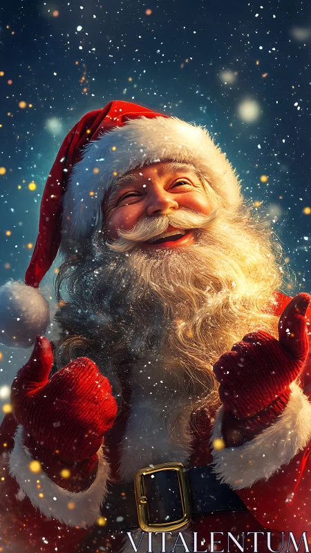 Snow-dusted Santa laughing under midnight holiday magic.