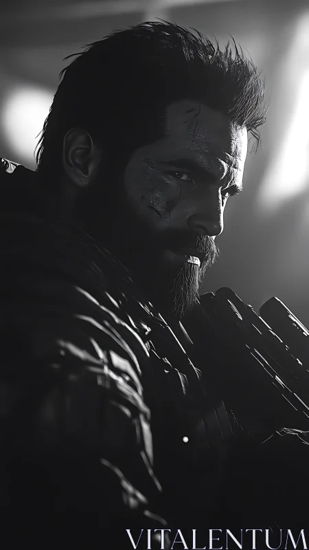 Scarred soldier carves a path through shadows and steel