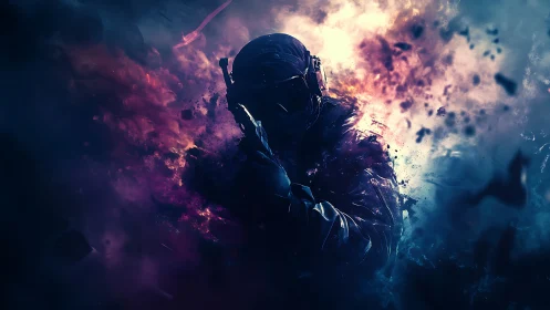 Tactical operator silhouette amid bicolor explosive nebula field