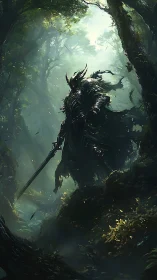Armored dark knight stands in misty forest clearing