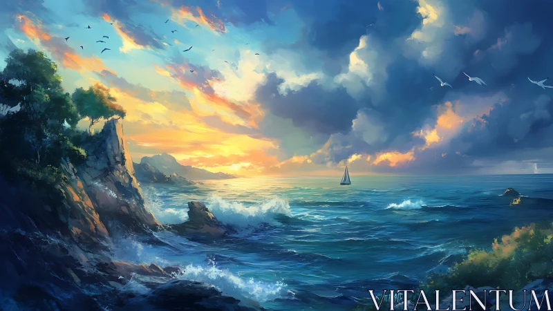 Storm-kissed sunset ocean cradles a lone wandering sailboat.