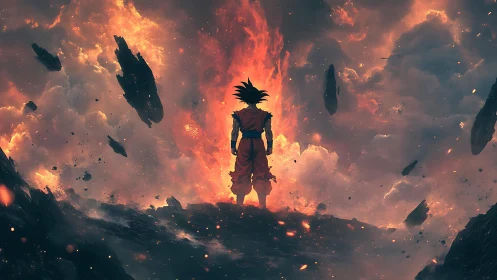 Fiery warrior stands calm amid drifting cosmic ruins.