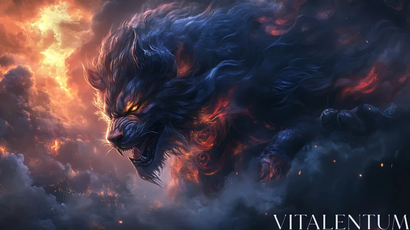 Apocalyptic fire-wolf materializes from storm-forged infernal clouds