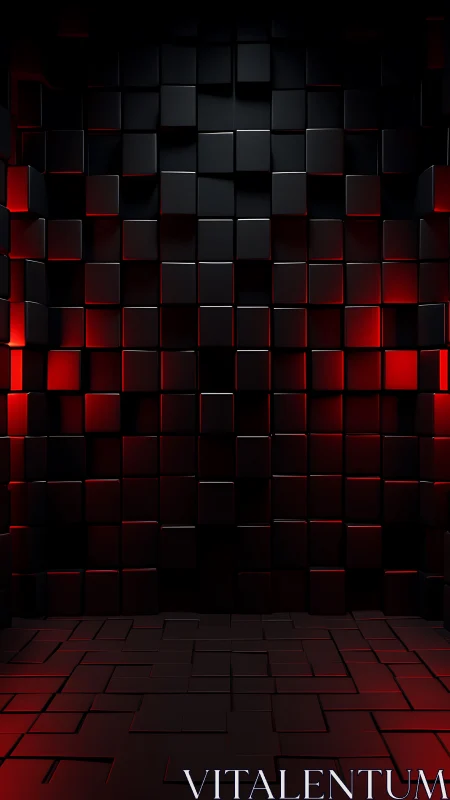 Red-lit geometric cube wall in dark abstract chamber.