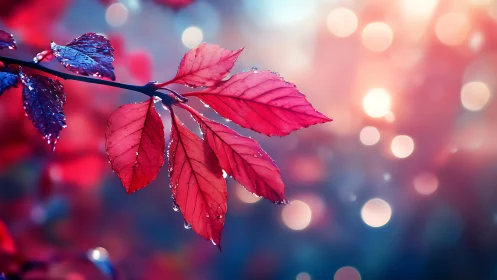 Crimson leaves catch dew under soft bokeh dusk glow.