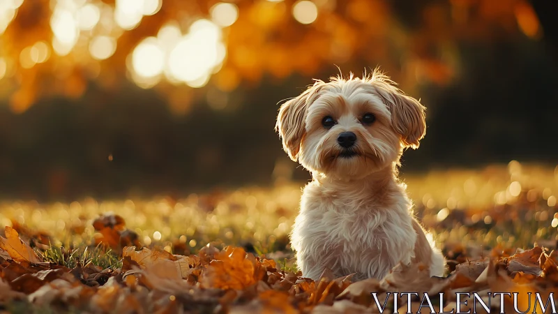 Small fluffy dog sitting in warm autumn sunset light field.