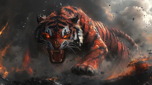 Blazing tiger spirit charges forward through smoke and fire