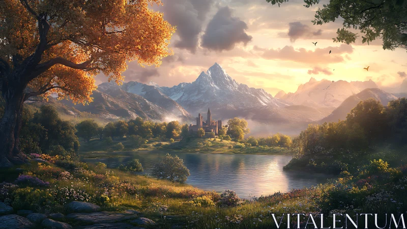 Sunrise crowns a hidden lakeside castle in quiet mountain bloom