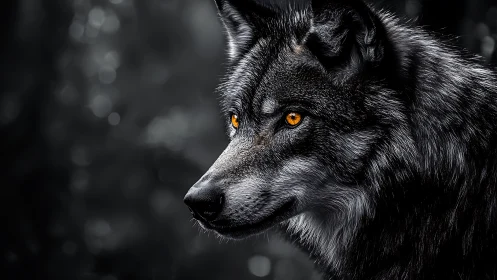 Grey wolf portrait with intense amber eyes in dark forest