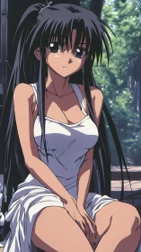 Anime girl in white dress sitting in sunlit forest setting.