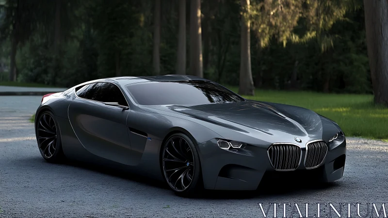 Grey BMW concept coupe parked on forest road surface.