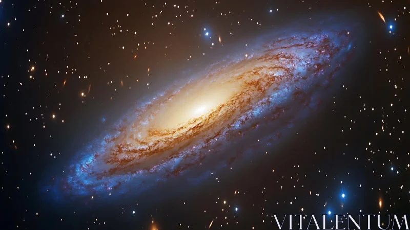 Spiral galaxy glows with luminous core amid star field.