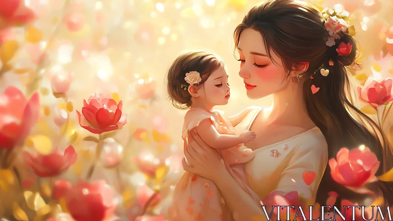 Mother and daughter embrace within a luminous garden paradise.