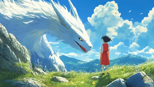White dragon faces child on sunlit grassy hillside under clouds