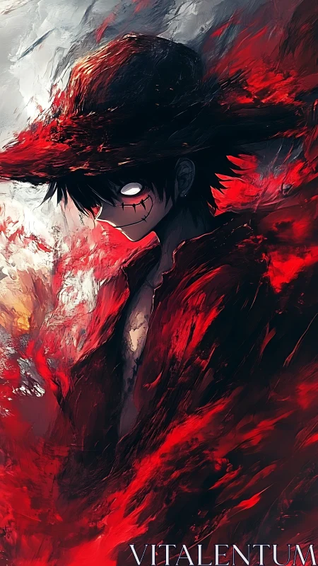 Dark straw‑hatted figure in red infernal energy swirl.