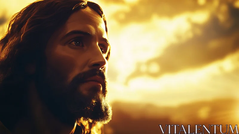 Side profile of bearded male figure against bright sky