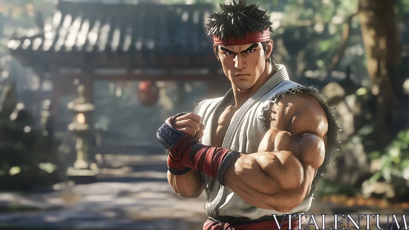 Stoic forest warrior sharpens focus beneath temple eaves