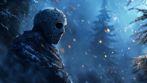 Midnight mask lingers in emberlit snowstormed forest silence