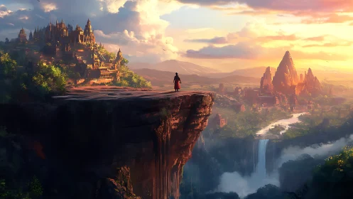 Solitary figure surveys opposing fantasy citadels at sunset