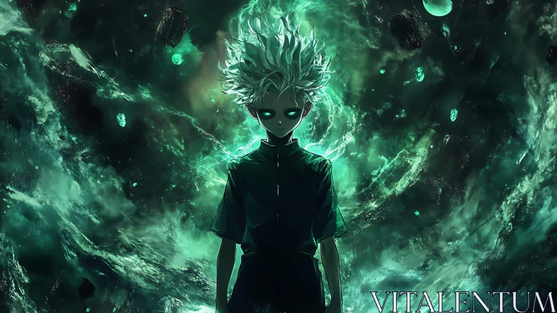 Telekinetic anime figure in emerald cosmic energy vortex