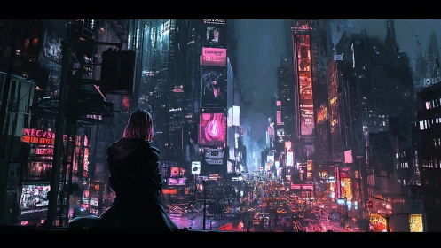 Solitary watcher above neon-drenched cyberpunk avenue at dusk.