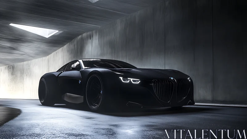 Stealth black concept supercar under moody tunnel lighting.