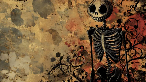 Stylized cartoon skeleton on grunge floral sepia backdrop
