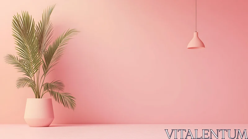 Potted palm and pendant lamp in monochrome pink interior.