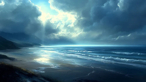Coastal shoreline under dense clouds with reflective surf.