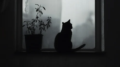 Feline silhouette profile positioned at window aperture with potted botanicals.